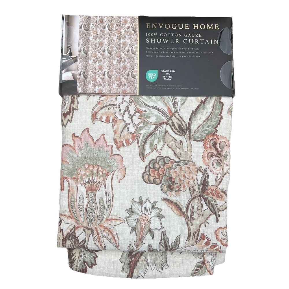 ENVOGUE HOME SHOWER CURTAIN FLORAL 100% COTTON Gauze Fall Green Rusty Brown New